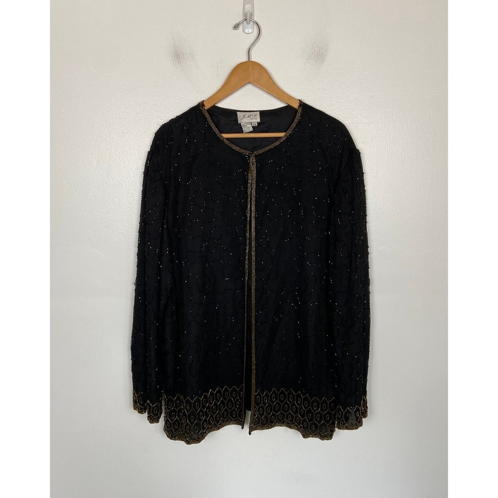 JMD New York Silk Beaded Jacket Size 1X Black Chiffon Vintage Elegant Open Front